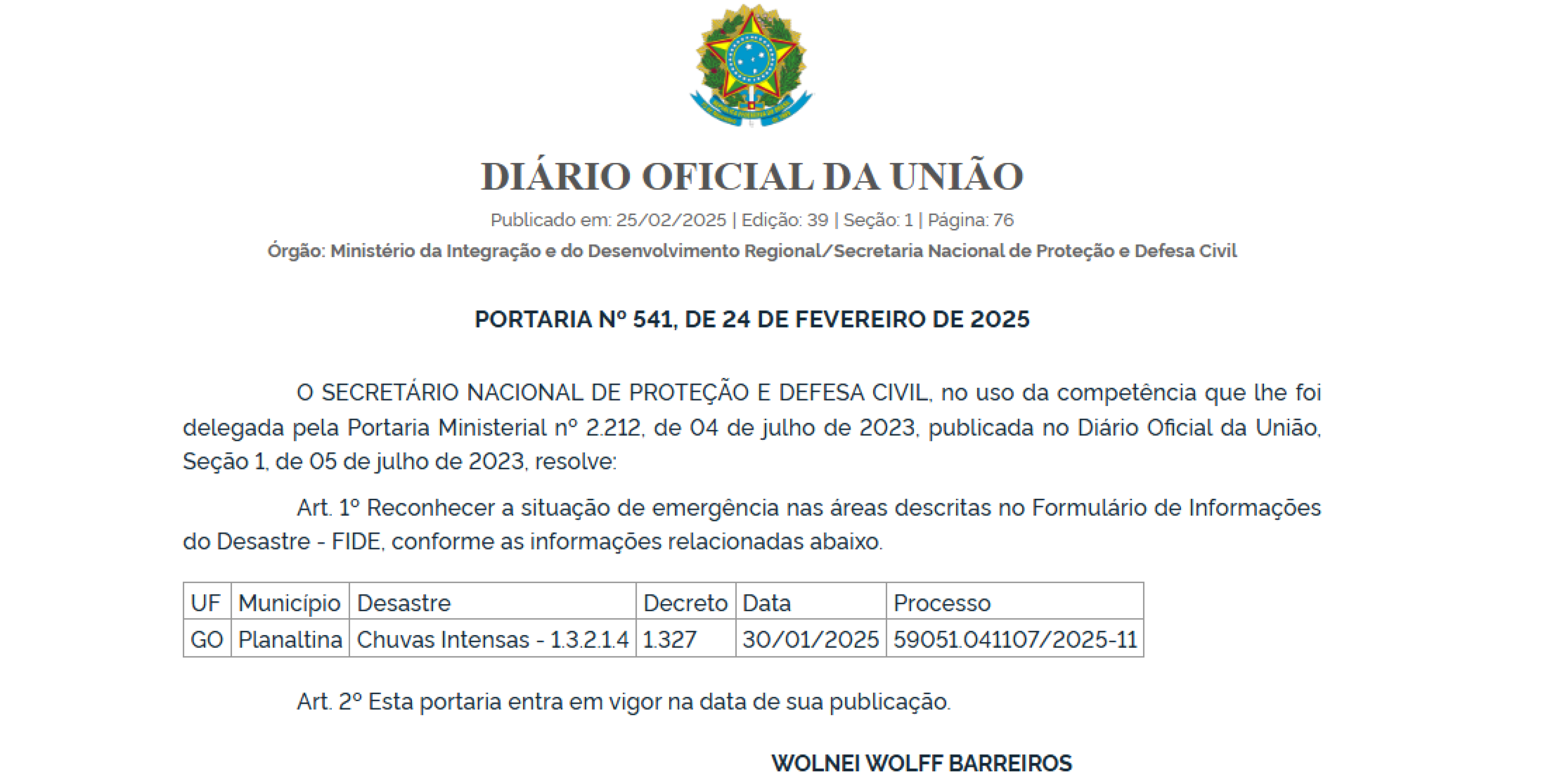 Portaria de reconhecimento da situação de emergência em Planaltina de Goiás 
